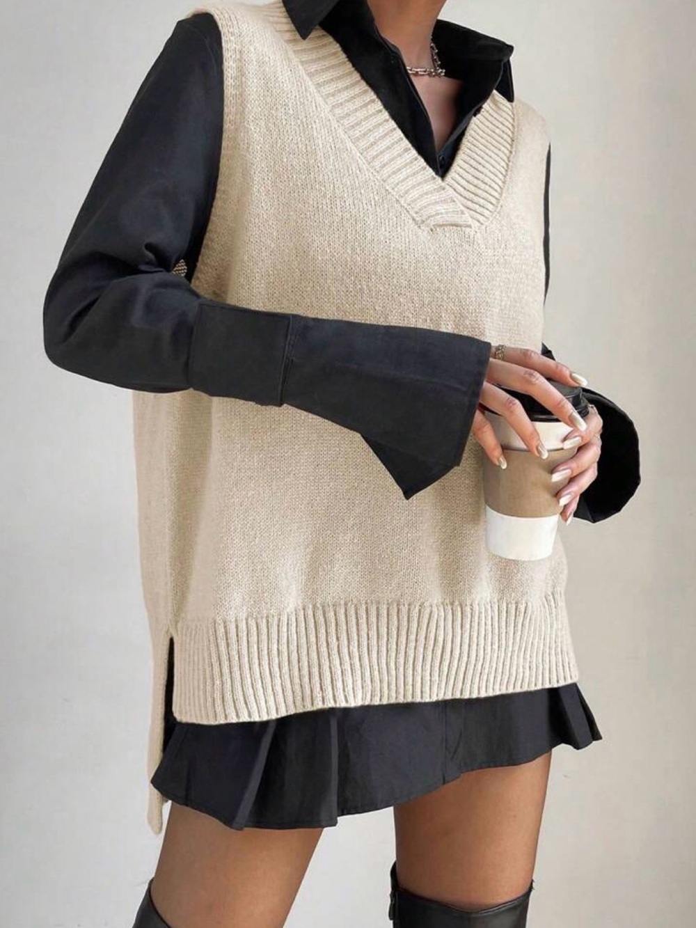 SHEIN Neutral Beige V‑Neck Sleeveless Knit Vest